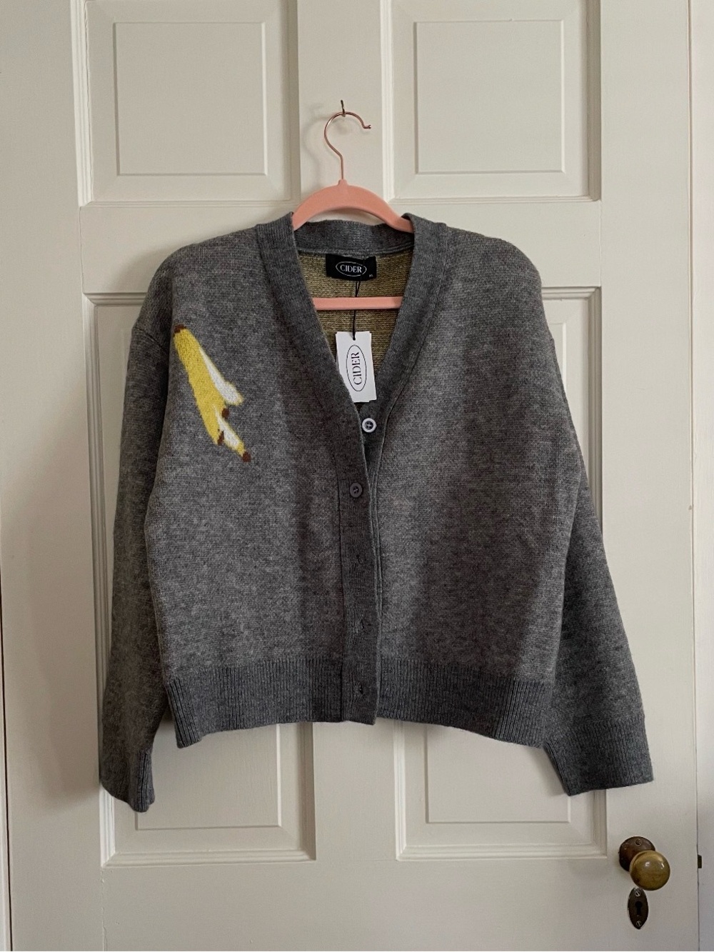 Cider Gray Button-Up Cardigan with Yellow Banana Accent